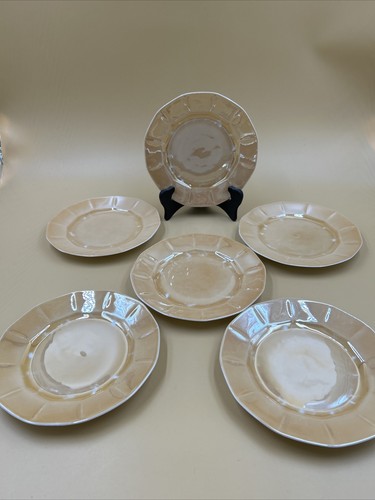 VICTORIA (CZECH), ART DECO, Rare Lusterware Lunch Plates Orange, Set of 6, 7.5”