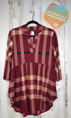 NEW NWT Heimish U.S.A. Women's Burgundy Red Plaid V-Neck Top Large L