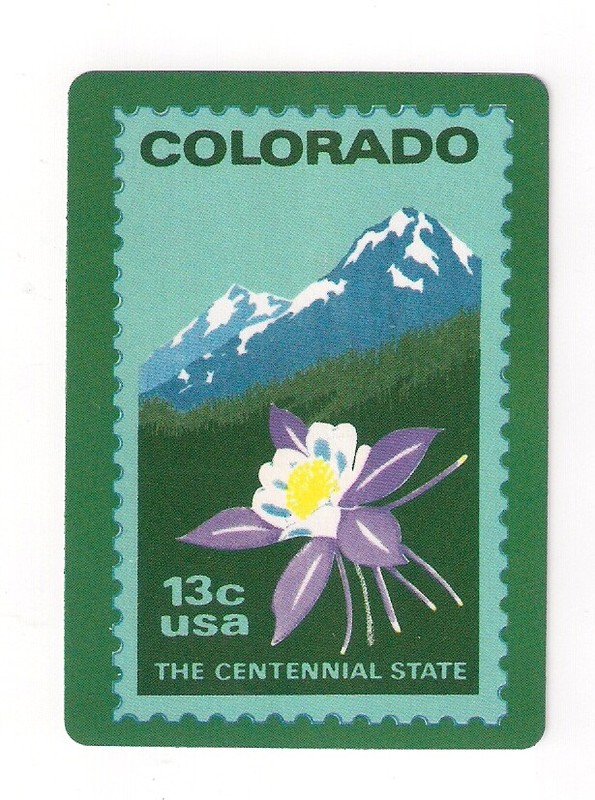 deck souvenir playing cards, Colorado, 13c USA postage stamp, columbine/flower