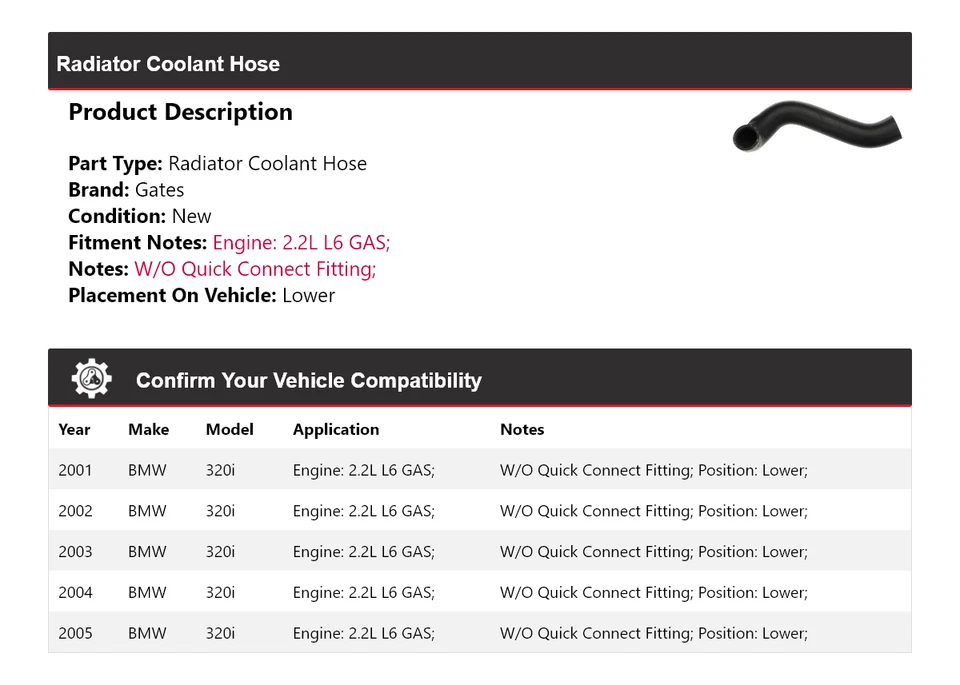 Manguera de refrigerante de radiador de gas para BMW 320i 2001-2005 2,2 L L6 puertas inferiores 2002 2003 Foto 2 de 4