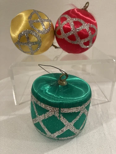 3 Vintage Decorated Satin Christmas tree ornaments