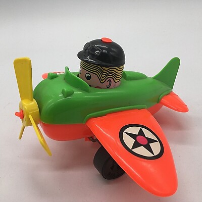 Vintage Amloid Corp Saddle Brook Airplane Push Toy - Works - Green & Red wings