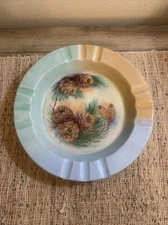 Vintage Porcelain Cigarette Ashtray Hand Painted Pinecones 8.75” MCM Retro