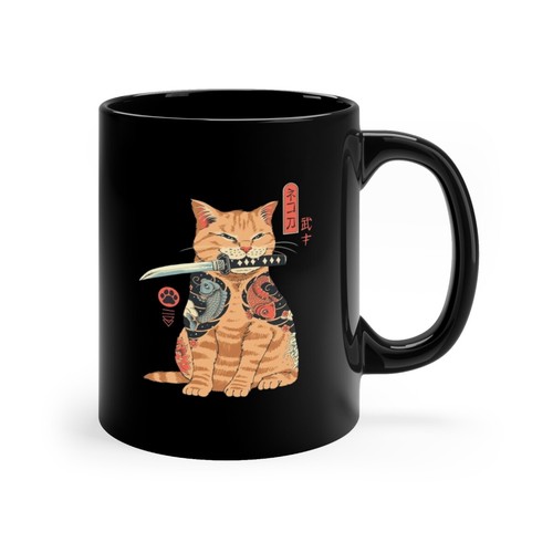 Samurai Kitty Ronin Retro Bushido Warrior Japan Sword Katana 11oz Black Gift Mug - Picture 2 of 7