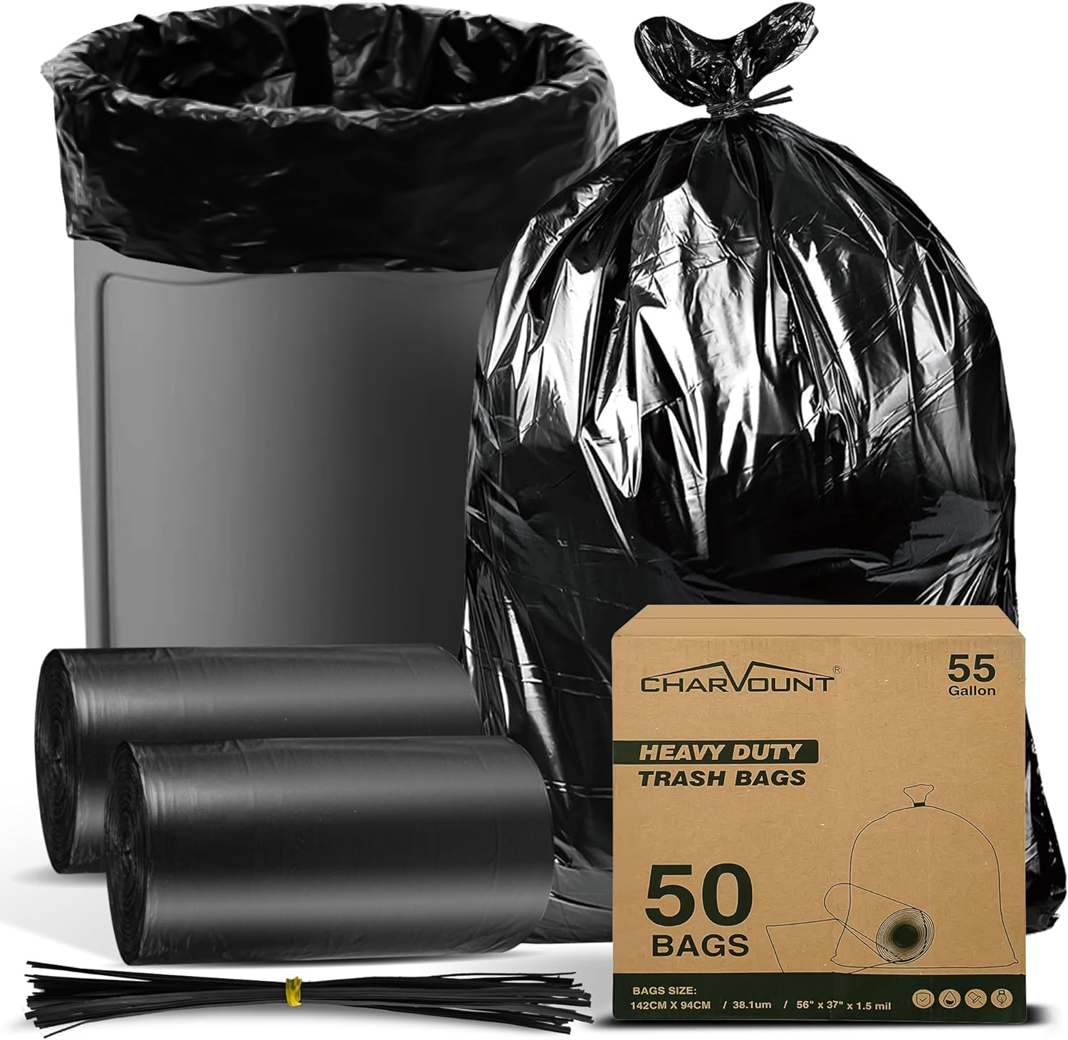 55 Gallon Contractor Trash Bags,1.5 Mil37"X 56" W/Ties,50 Count Heavy