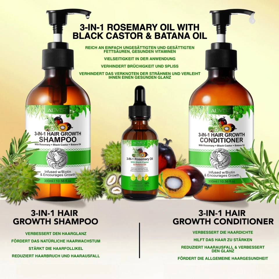 Haarpflege Set Shampoo Conditioner Haaröl mit Biotin Rosmarin Rizinus Batana - Bild 2 von 4