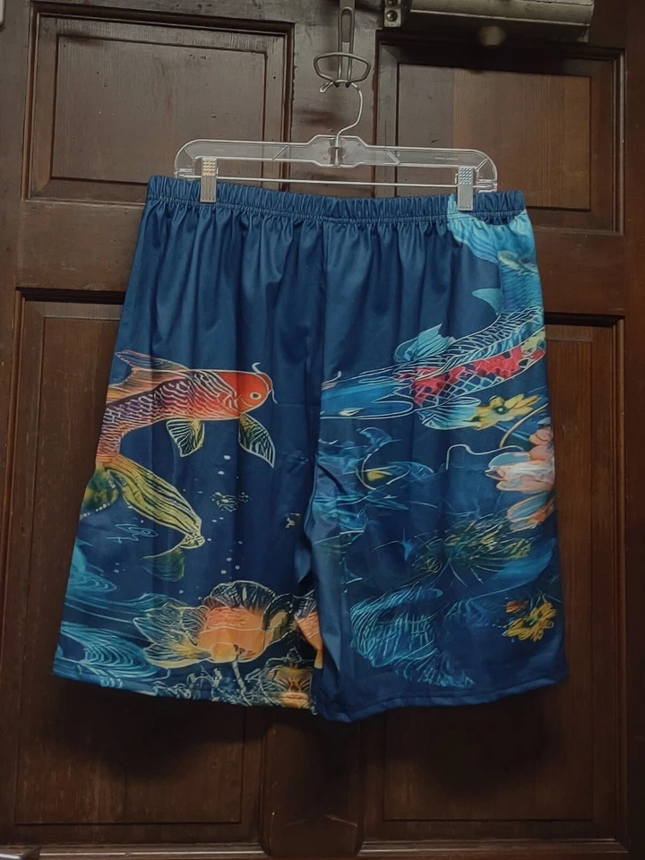 Bermudas de playa de poliéster azul oscuro sin marca estampado de peces koi talla XL Foto 2 de 3