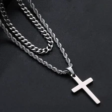 Layered Cross Necklace for Men Women Stainless Steel Pendant Figaro Rope Chain