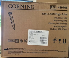 Corning 15mL Centrifuge Tube RNase/DNase-Free, 500 /CS, REF 430766, Sterile R
