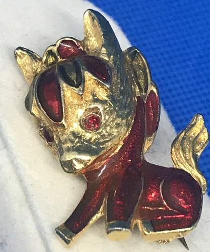 SPILLA ANIMALIER ANNI 60 ASINELLO IN METALLO DORATO E SMALTO ROSSO - Foto 2 di 5