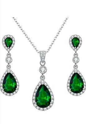 Weißgold-Finish Smaragd und kreierte Diamant Perlschnitt Halskette und Ohrringe Geschenk