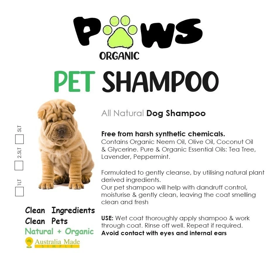Paws Dog Shampoo - Organic & Natural, With 3 Essential Oils - 5 Litres Bulk - image 2 of 2