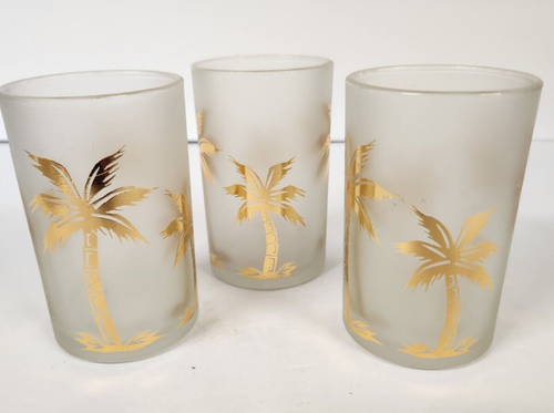 Libbey? Frosted Gold Palm Tree Bar Juice Glasses Set Of 3 Vintage MCM - Picture 2 of 6