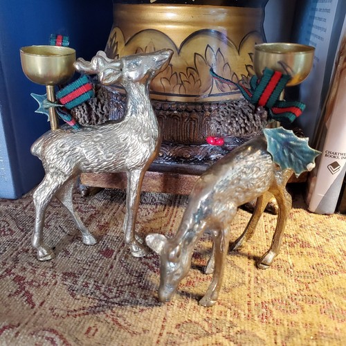 VTG Solid Brass Deer Reindeer Christmas Holiday Candlesticks Set of 2 NEW in Box - Picture 5 of 24