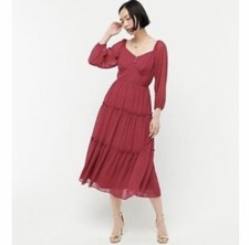 J.Crew Berry Red Swiss Dot Long Sleeve Tiered Midi Dress Size 14