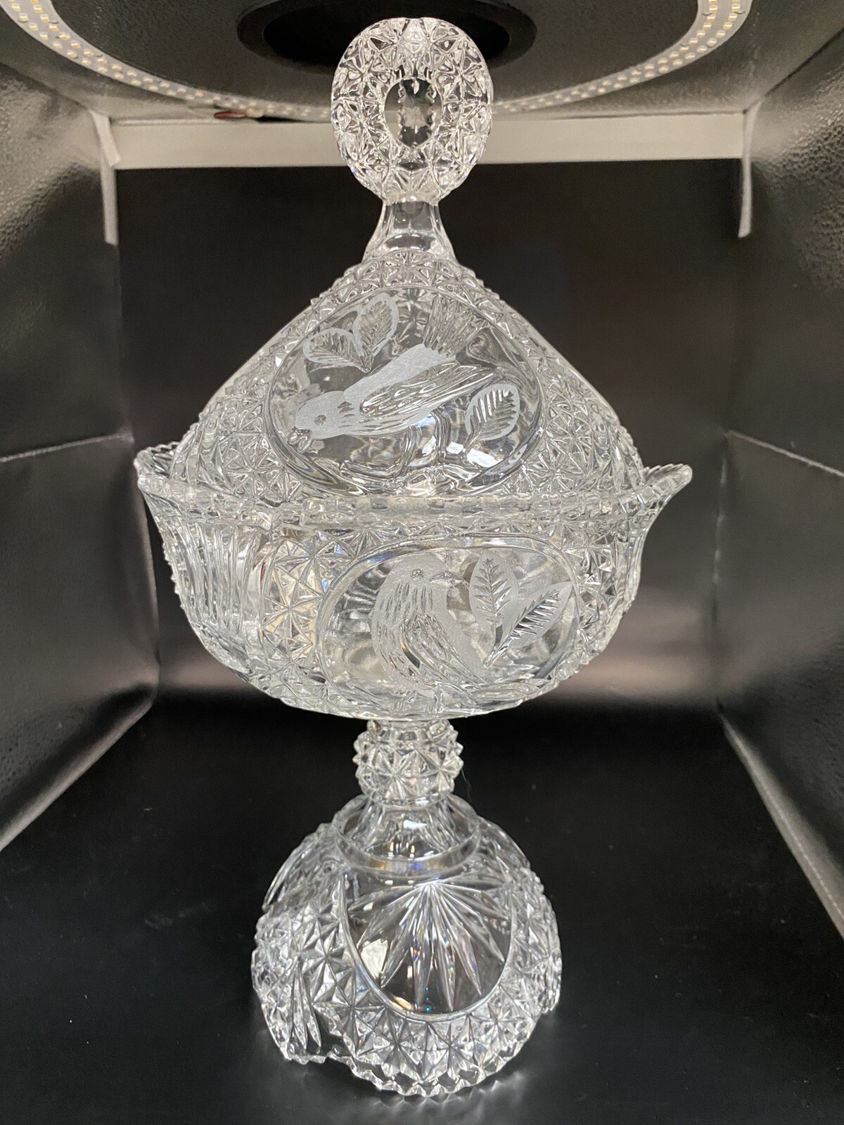 HOFBAUER German Crystal Lidded Compote Dish with Bird Engravings
