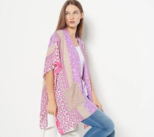 Susan Graver Regular Printed Woven Open- Front Sweater Rose Lilac S New