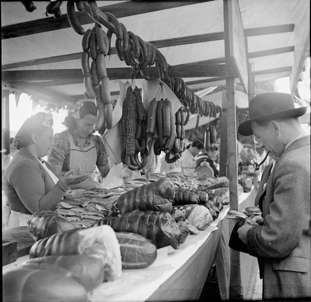 Sale of meat products at the Braderie in La Chaux-de-Fonds 1946 Old Photo