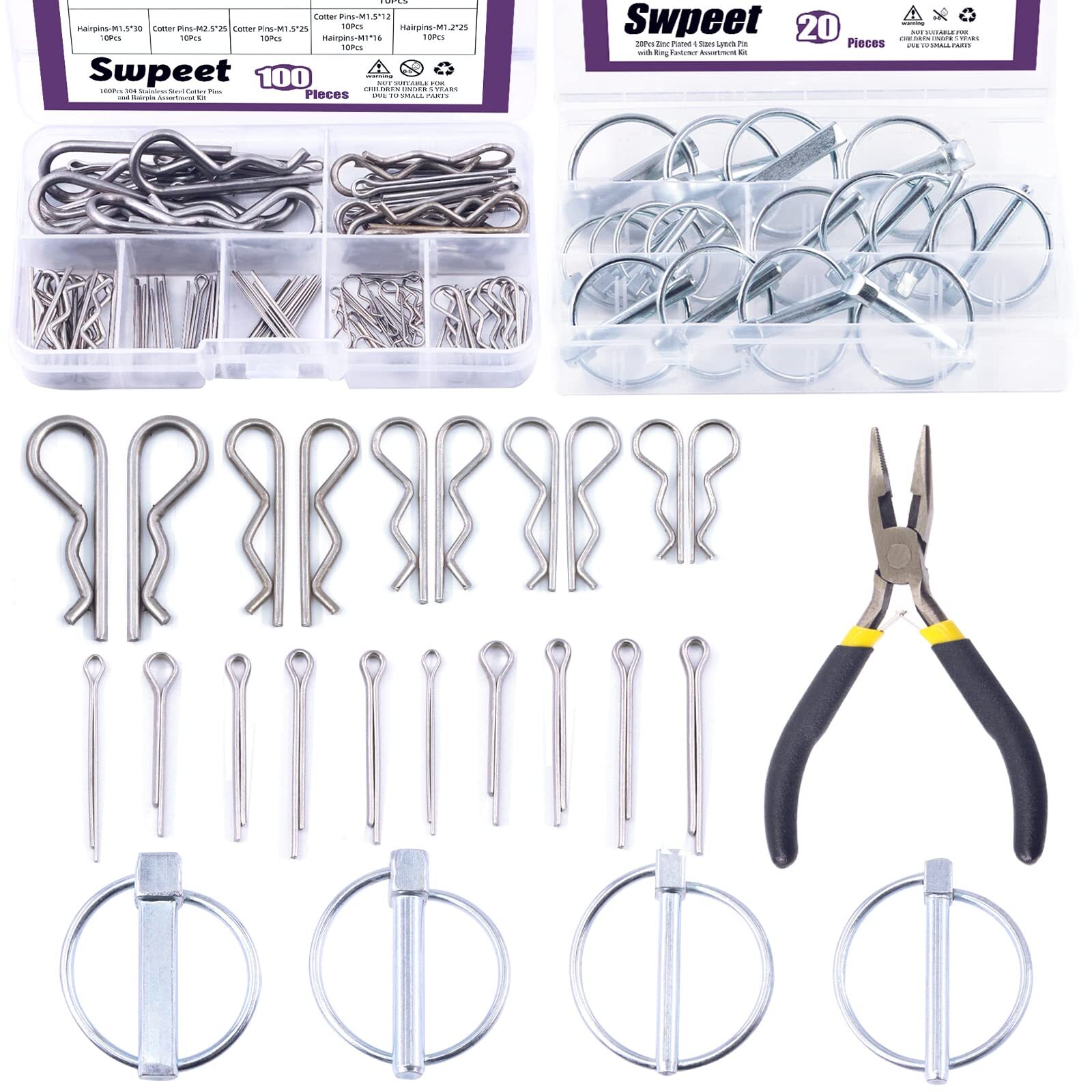 Swpeet 121Pcs 4 misure Bianco Zinco Lynch Pin con Anello e 304 In Acciaio Inox C