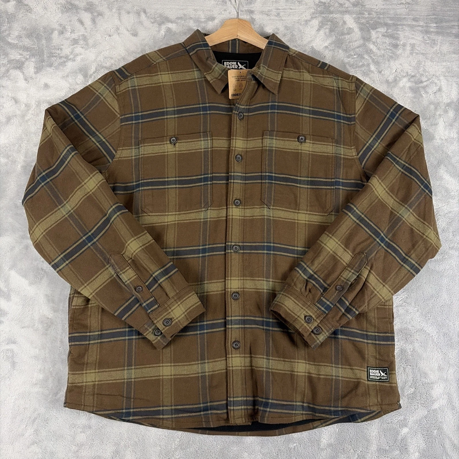 Eddie Bauer Fleece Lined Field Flannel Shirt Jacket Brown Plaid Mens XL NEW!