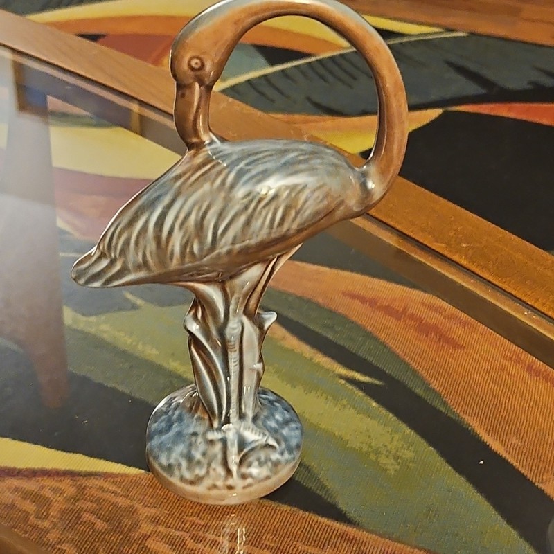 ceramic MCM Flamingo Bird Figurine Sculpture Statue Gray/Bronze Tone Blue Base