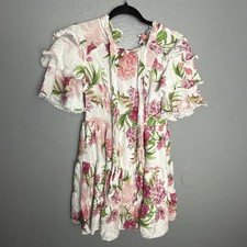 Womens Reserved Floral Ruffle Dress - Pink Peony Print, Lace Trim, Size S