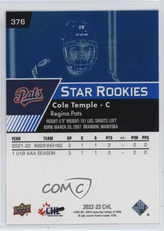 2022-23 Upper Deck CHL Star Rookies Blue Cole Temple #376 - Image 2 of 2