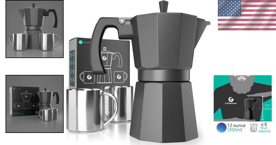 Olla Moka Portátil Gris Mate - Cafetera Espresso 350 ml y Tazas de Acero para Regalos Foto 2 de 4