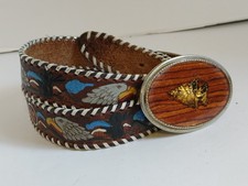 Vintage Western Leather Tooled Belt Painted Eagle Indian Arrowhead Buckle Beaver