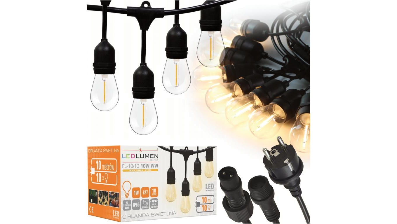 Girlanda огородная 10м ІР65 10xE27 Сид 1W Бяла, полученном на теплой łańcuch świetlny