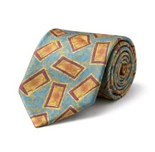 Countess Mara 100% Silk Tie USA Made Teal Gold Geometric Necktie Vintage 90s