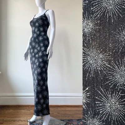 Vintage S Dress 90s y2k Celestial Star Sparkle Open Back Silver