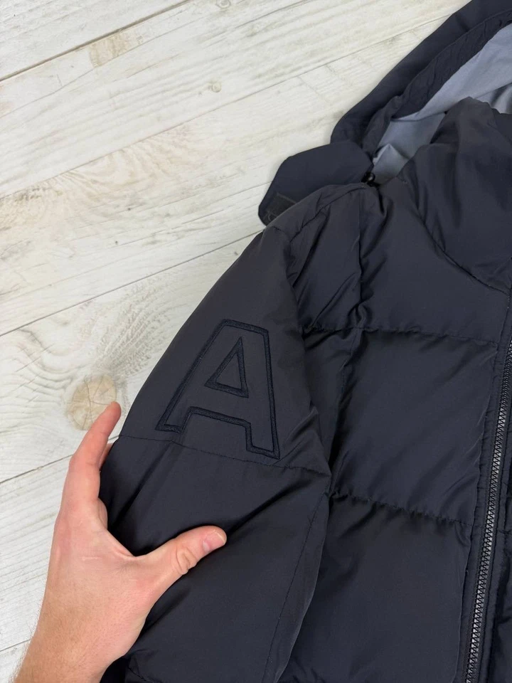 Vintage Armani Jeans Puffer Down Ski Jacket Hooded Big Logo Men Size 40 Blue - Image 3 of 4