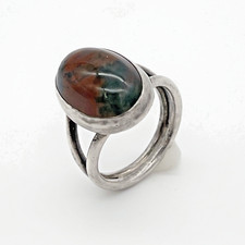Petite Artisan Crafted Moss Agate Cabochon Ring 925 Sterling Silver Size 3.5