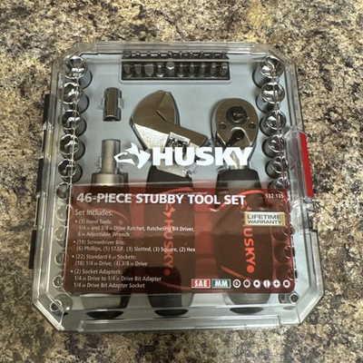 #ad Husky 1 4 in. and 3 8 in. Stubby Ratchet and Socket Set 46 Piece $25.99