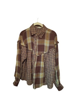 In Loom Plaid Top Ruffled Button Up Fray Trim Bohemian Long Sleeves Medium BROWN
