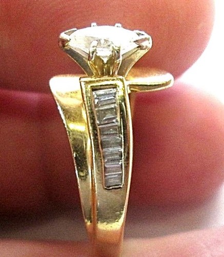 14K Solid Yellow Gold .50 Ct Marquise & Baguette Diamond Accent Engagement Ring - Picture 7 of 8