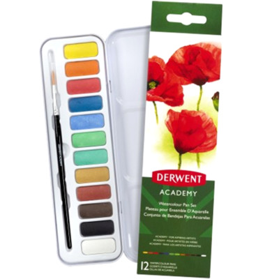 NEW IN TIN 12x Derwent Academy Watercolour Pan Paint Set + Brush Student 2301955