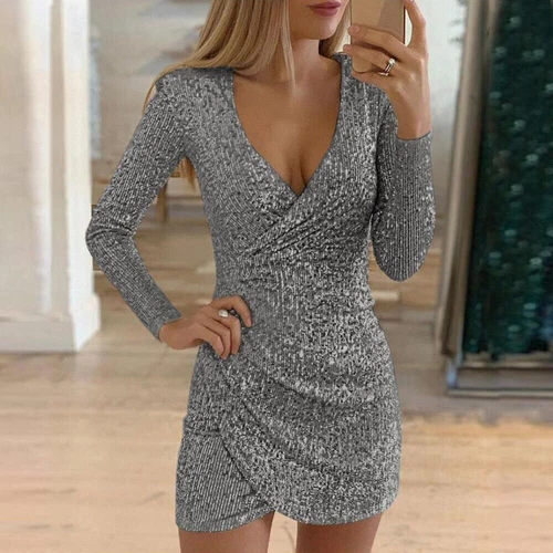 Women Sequin Printed Mini Dress Bodycon Deep V Neck Party Club Cocktail Dress - Picture 18 of 34
