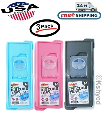 12 Molds Square Sillicone Ice Cube Tray W/Lid BPA FREE AST Color  (3 Pack) - New