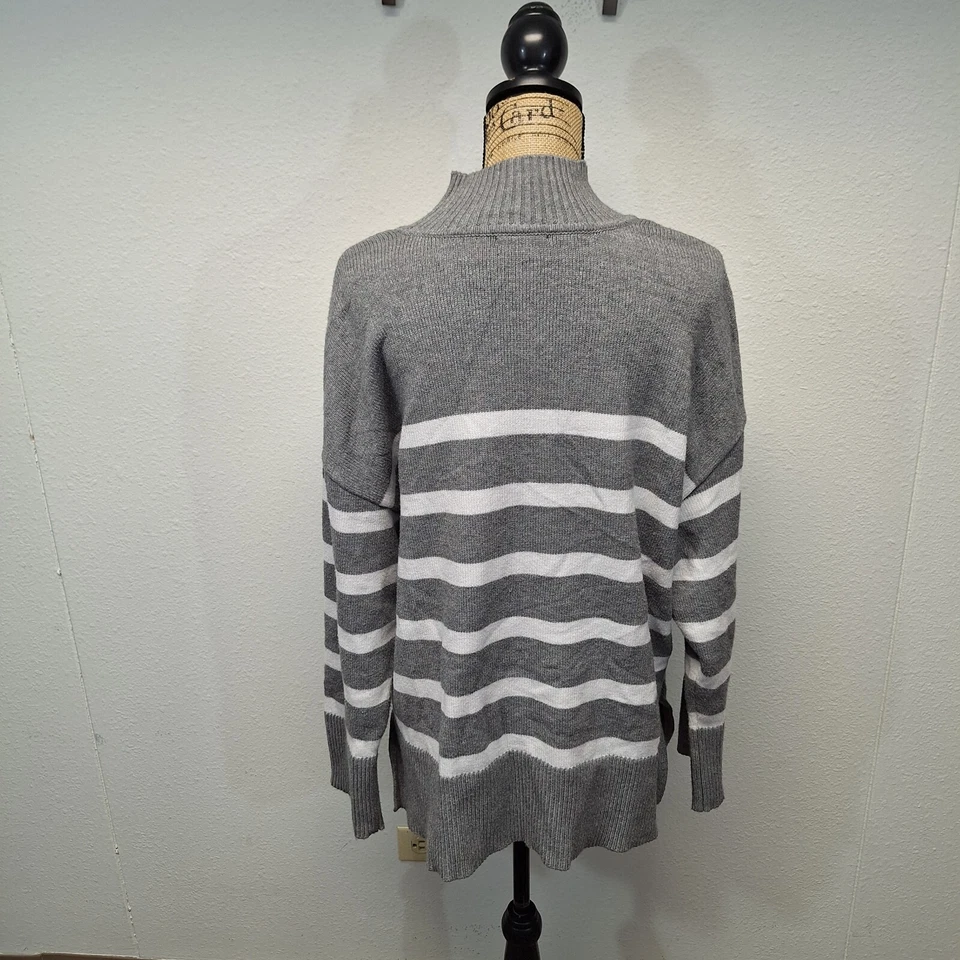 Suéter Pullover Estilo Rojo Acanalado Cuello Simulado Elastizado Rayas Gris Para Mujer Talla L Foto 3 de 4