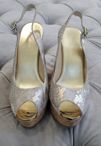 Jimmy Choo Womens Gray Gold Snake Peep Toe Wedge Slingback Heel Shoes 41 10 $550 - Picture 2 of 14