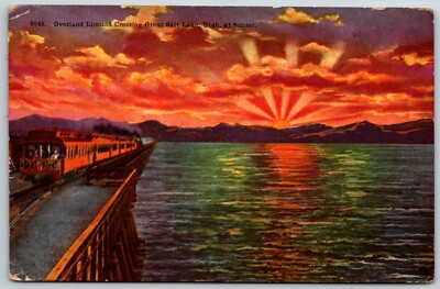Overland Limited Train Crossing the Great Salt Lake at Sunset, Utah - Postcard