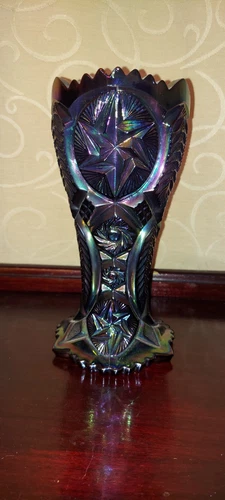 VTG L. E. Smith Nortec Black Amethyst Carnival Glass Vase 9" “BEAUTIFUL!”
