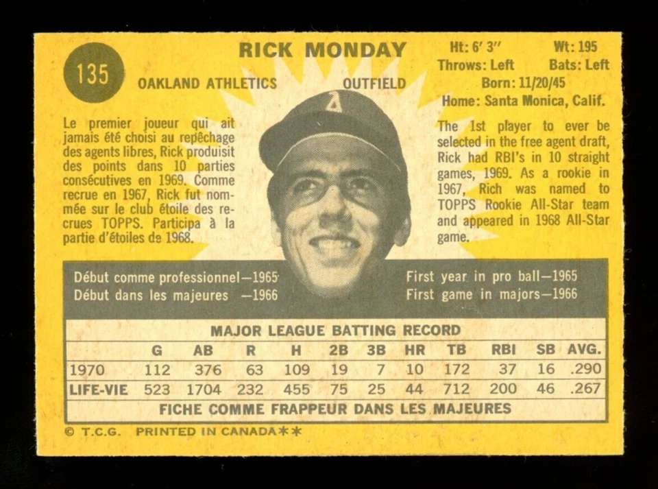1971 TOPPS OPC O PEE CHEE MLB BASEBALL #135 RICK MONDAY NM-MT OAKLAND Athletics - Image 2 of 2
