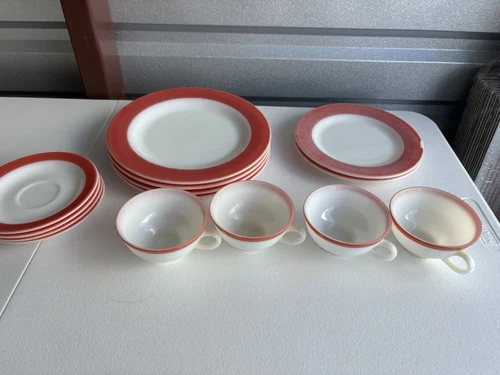 14Pc Vtg Pink Flamingo Coral Band PYREX 4 Coffee Tea Cups & 10Plates Milk Glass.