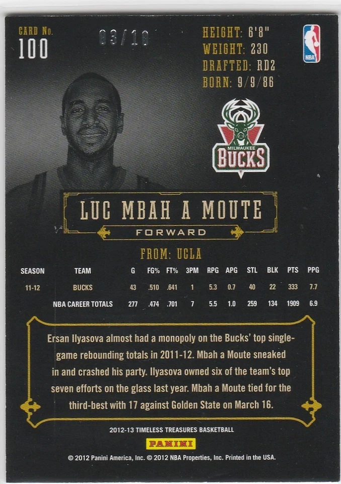 LUC MBAH A MOUTE 2012-13 TIMELESS TREASURES #100 GOLD FOIL SERIAL #'D /10 - Image 2 of 2