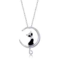 Sterling Silver Created Onyx Cat on Moon Pendant