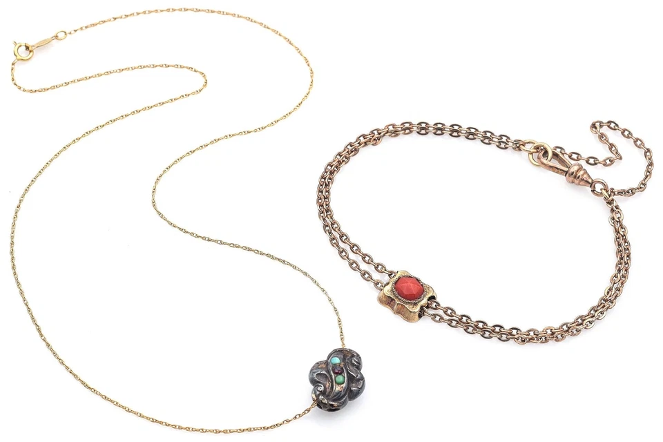 Vintage B David Turquoise Garnet 14K Gold / Silver Necklace & GF Coral Bracelet - Image 2 of 4