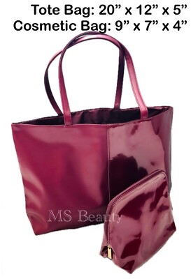 Saks Fifth Avenue Tote Bag & Cosmetic Bag (Burgundy Faux Patent Leather)
